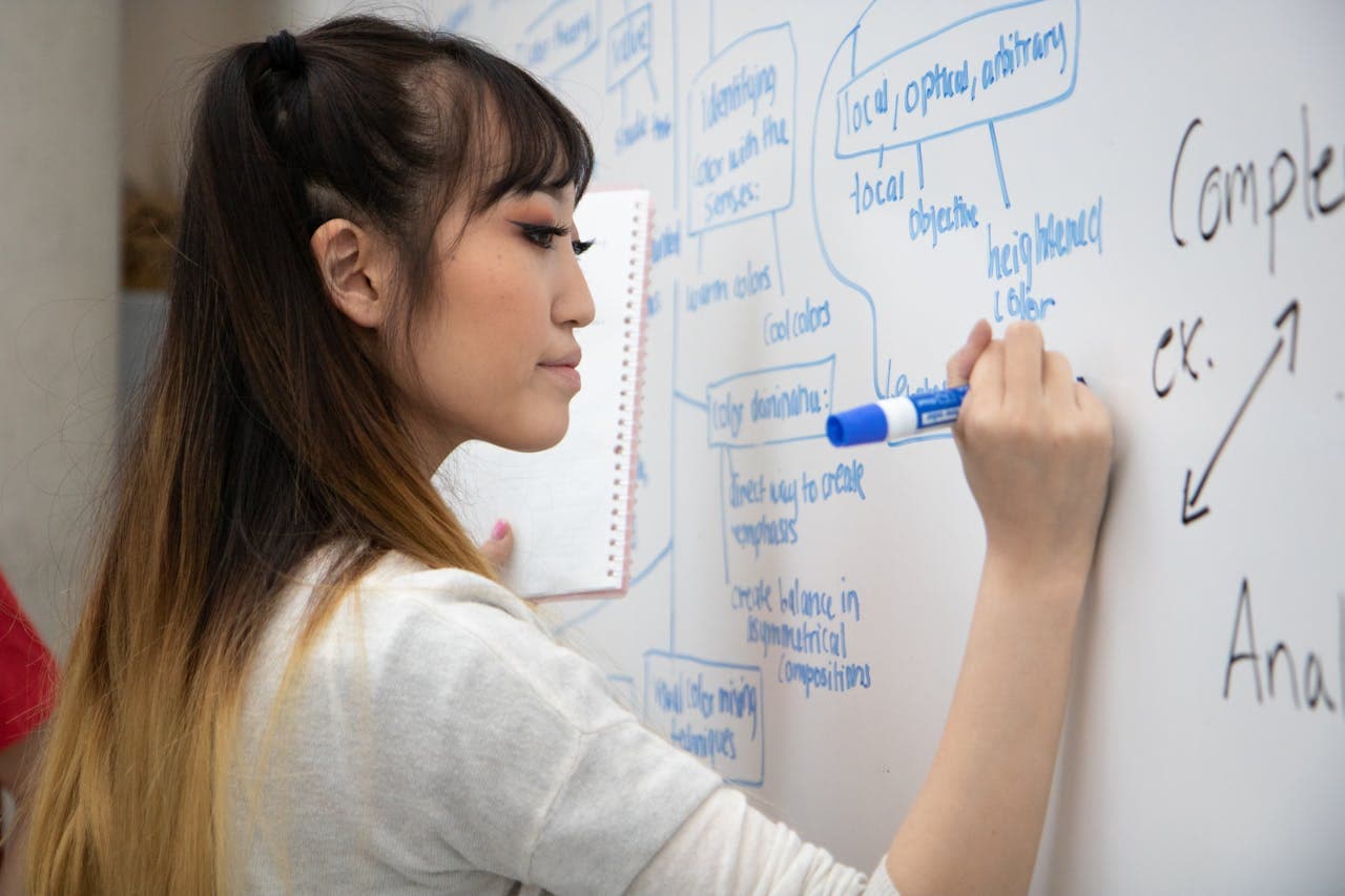 Woman in White Long Sleeve Shirt Writing on White Board